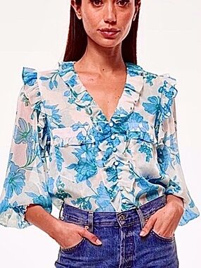 Misa Los Angeles Sasha Top  en Turquoise Blue Floral Ruffle ,Chiffon Blouse NWT